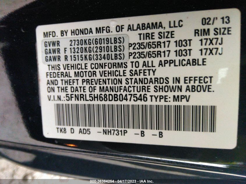 2013 HONDA ODYSSEY EX-L - 5FNRL5H68DB047546
