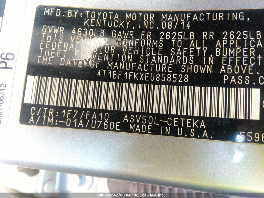 2014 TOYOTA CAMRY L/LE/XLE/SE/SE SPORT - 4T1BF1FKXEU858528
