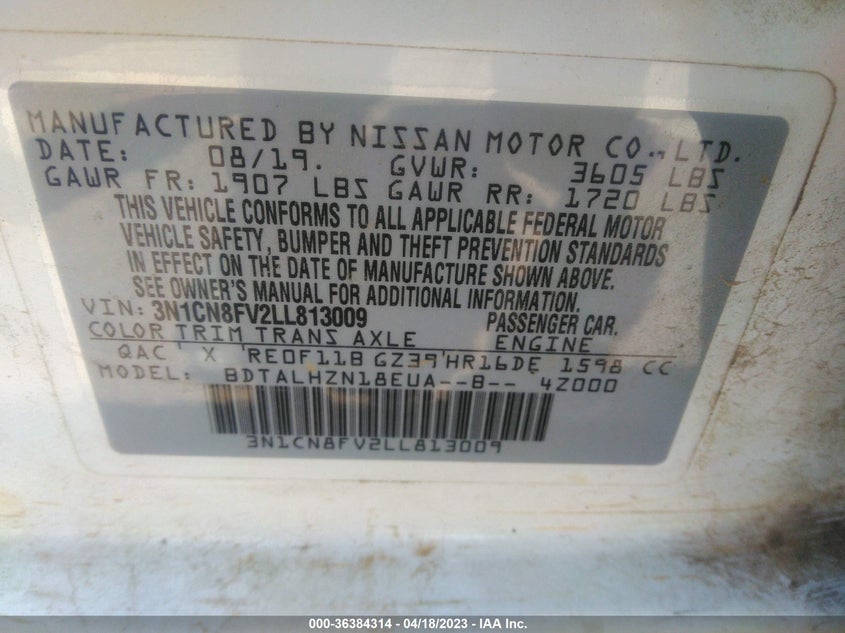 VIN 3N1CN8FV2LL813009 2020 NISSAN VERSA SR