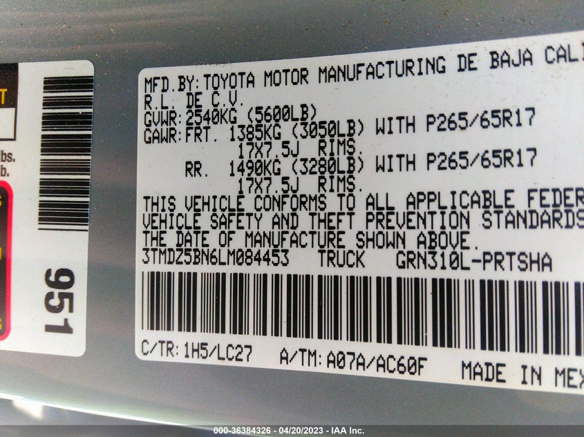 VIN 3TMDZ5BN6LM084453 2020 TOYOTA TACOMA 4WD SR5/TRD SPORT