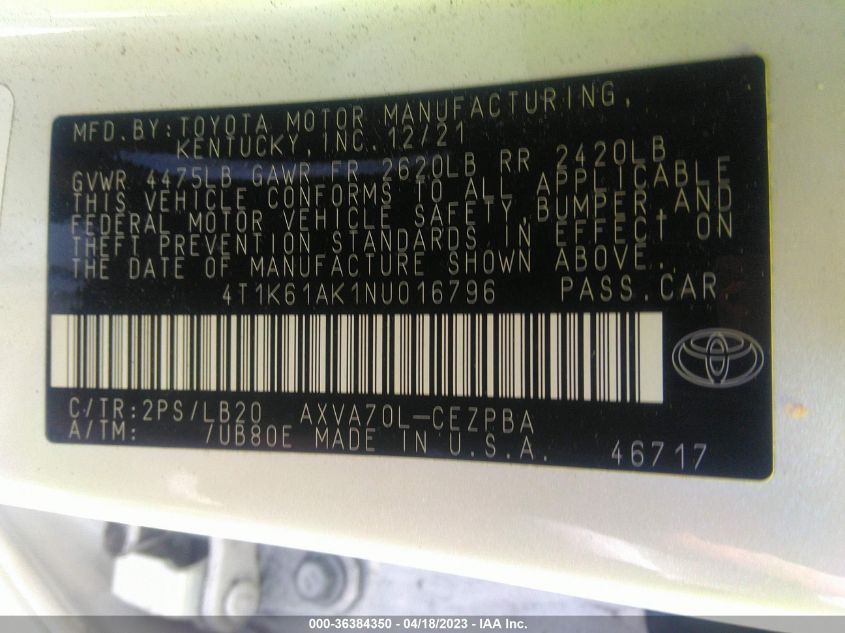 2022 TOYOTA CAMRY XSE - 4T1K61AK1NU016796