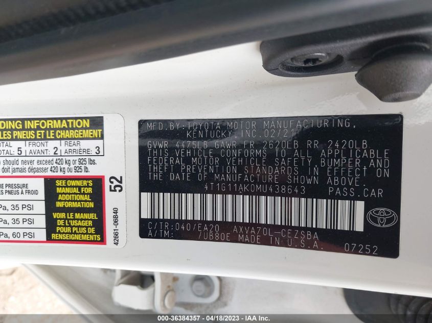 2021 TOYOTA CAMRY SE - 4T1G11AK0MU438643