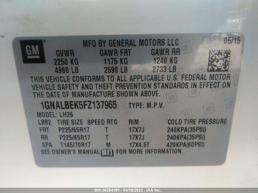2015 CHEVROLET EQUINOX LT - 1GNALBEK5FZ137965