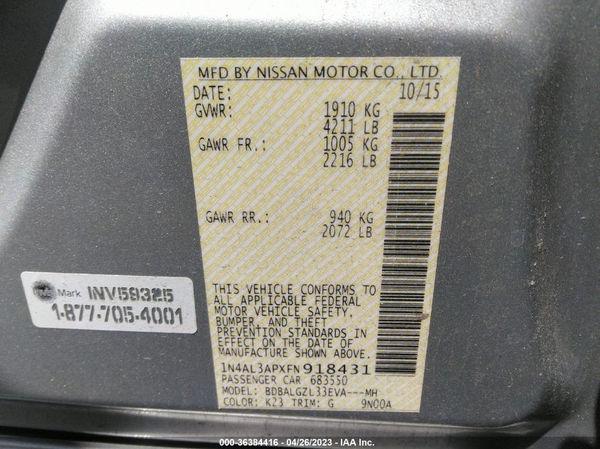 2015 NISSAN ALTIMA 2.5 S - 1N4AL3APXFN918431