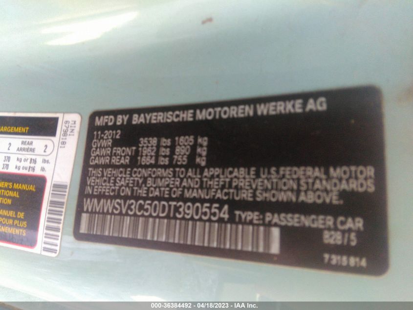 2013 MINI COOPER HARDTOP S - WMWSV3C50DT390554