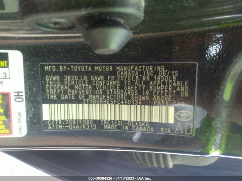 2015 TOYOTA COROLLA L/LE/S/S PLUS/LE PLUS - 2T1BURHE5FC440134