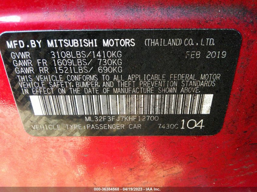 2019 MITSUBISHI MIRAGE G4 ES/RF - ML32F3FJ7KHF12700