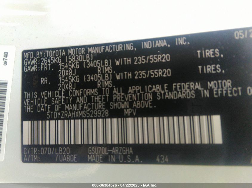 2021 TOYOTA HIGHLANDER LIMITED/PLATINUM - 5TDYZRAHXMS529928