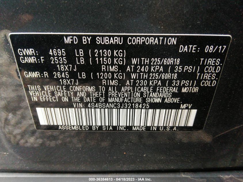 2018 SUBARU OUTBACK LIMITED - 4S4BSANC3J3218425