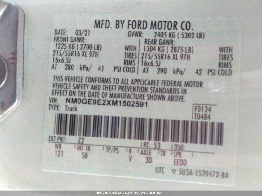2021 FORD TRANSIT CONNECT WAGON XL NM0GE9E2XM1502591
