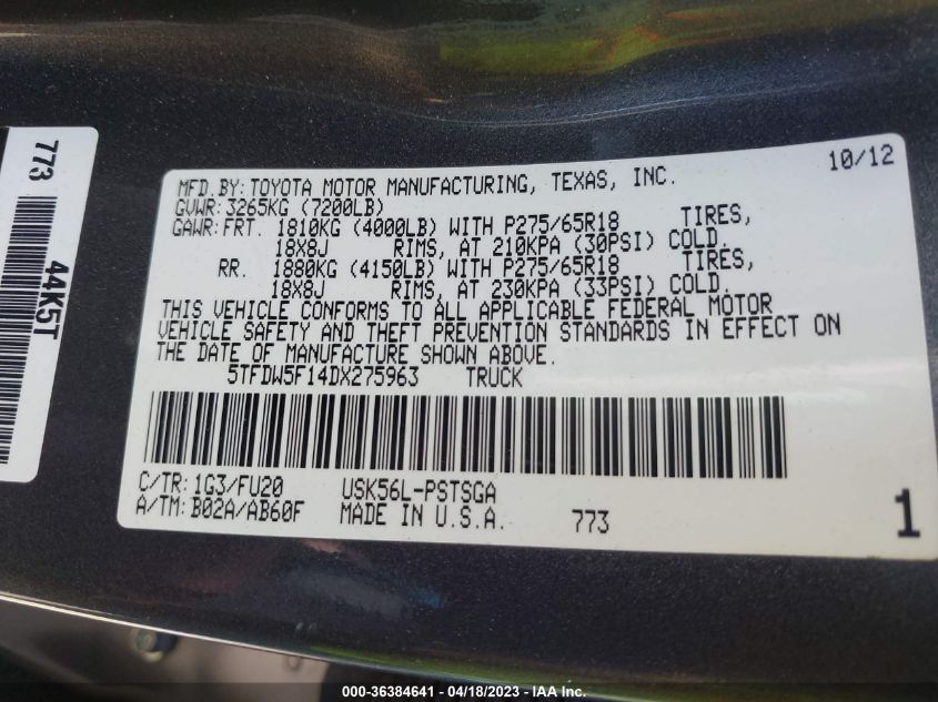 2013 TOYOTA TUNDRA 4WD TRUCK - 5TFDW5F14DX275963