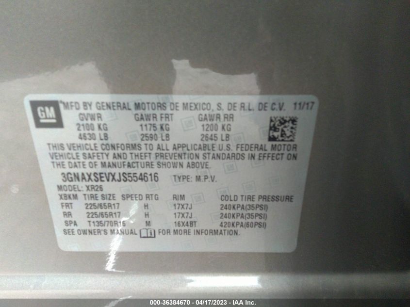 2018 CHEVROLET EQUINOX LT - 3GNAXSEVXJS554616