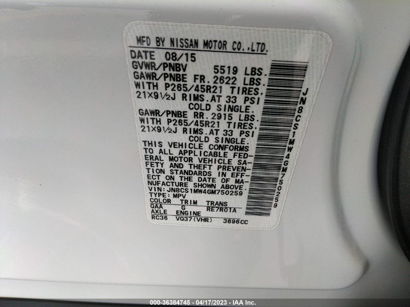 2016 INFINITI QX70 - JN8CS1MW4GM750259