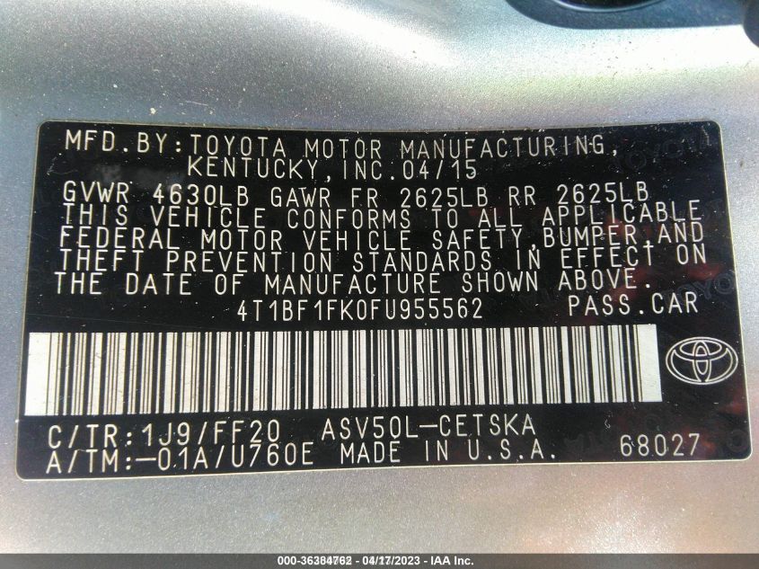 2015 TOYOTA CAMRY XLE/SE/LE/XSE - 4T1BF1FK0FU955562