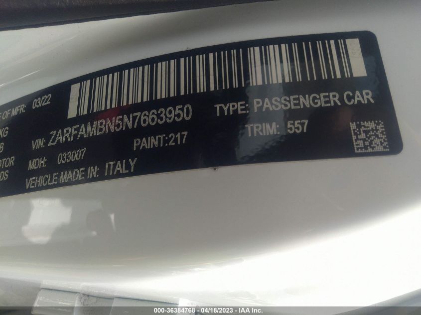 2022 ALFA ROMEO GIULIA VELOCE - ZARFAMBN5N7663950