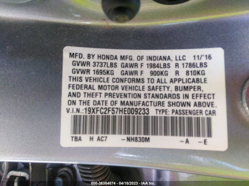 2017 HONDA CIVIC SEDAN LX - 19XFC2F57HE009233