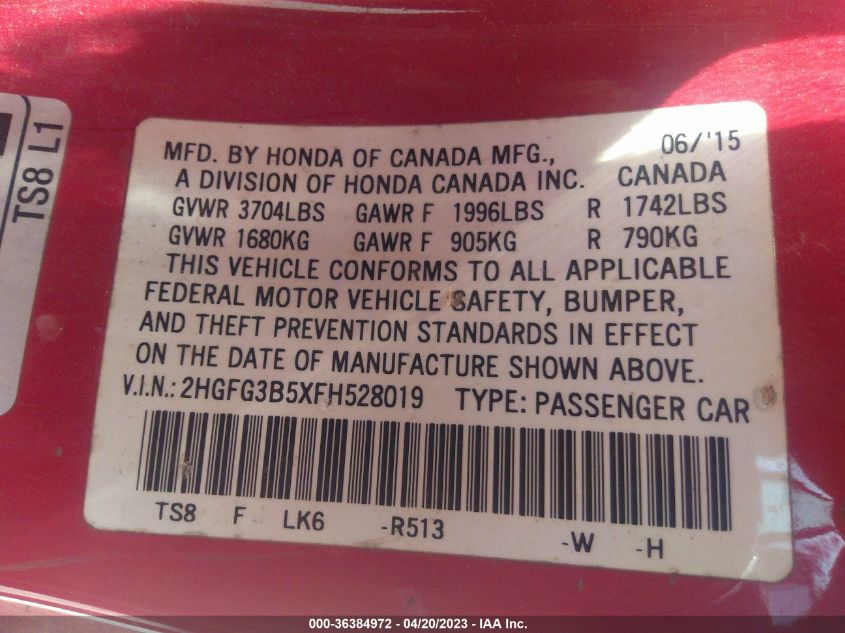 2015 HONDA CIVIC COUPE LX - 2HGFG3B5XFH528019