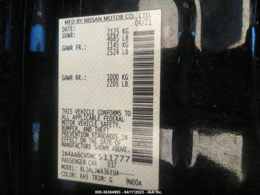 2021 NISSAN MAXIMA SV - 1N4AA6CV0MC511777
