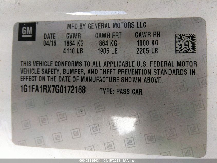 2016 CHEVROLET CAMARO 1LT - 1G1FA1RX7G0172168