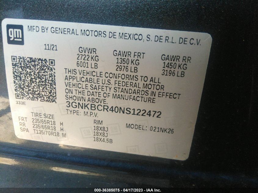 2022 CHEVROLET BLAZER LT - 3GNKBCR40NS122472