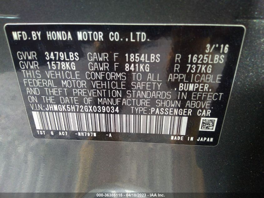 2016 HONDA FIT EX - JHMGK5H72GX039034