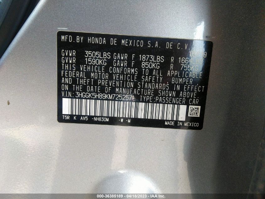 2019 HONDA FIT EX - 3HGGK5H89KM725257