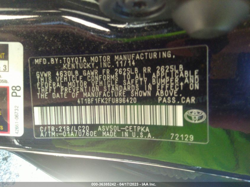 2015 TOYOTA CAMRY XLE/SE/LE/XSE - 4T1BF1FK2FU896420