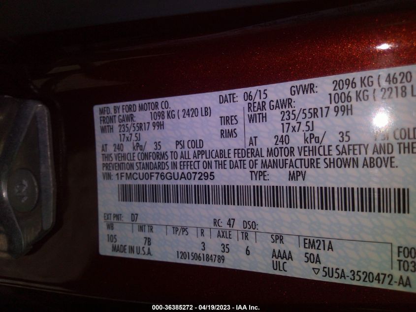 2016 FORD ESCAPE S - 1FMCU0F76GUA07295