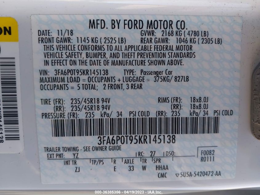 2019 FORD FUSION SE - 3FA6P0T95KR145138