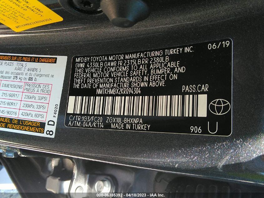 2019 TOYOTA C-HR XLE/LE/LIMITED - NMTKHMBX2KR094304