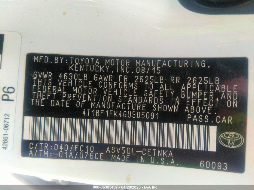 2016 TOYOTA CAMRY XLE/SE/LE/XSE - 4T1BF1FK4GU505091