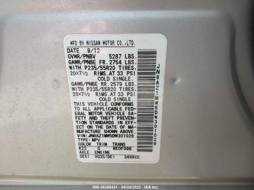 2013 NISSAN MURANO LE - JN8AZ1MW5DW301028