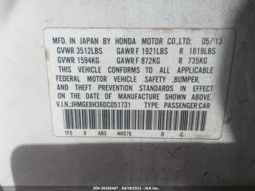 2013 HONDA FIT - JHMGE8H36DC051731