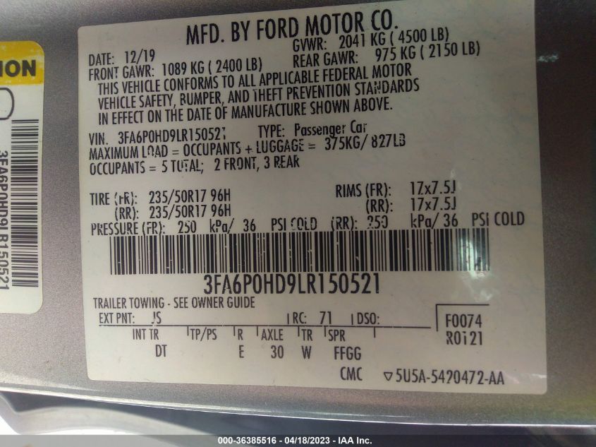 2020 FORD FUSION SE - 3FA6P0HD9LR150521