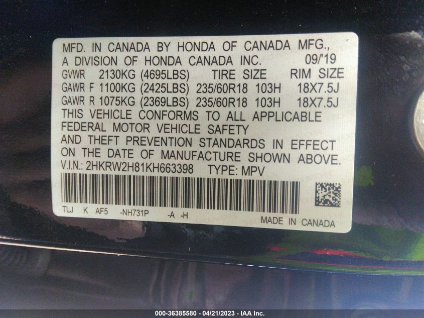 2019 HONDA CR-V EX-L - 2HKRW2H81KH663398