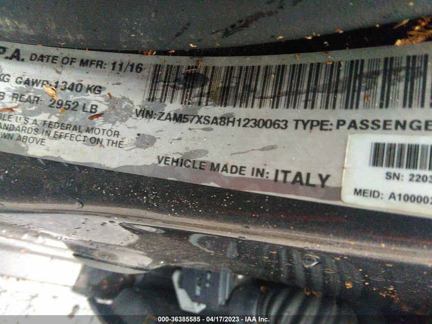 VIN ZAM57XSA8H1230063 2017 MASERATI GHIBLI