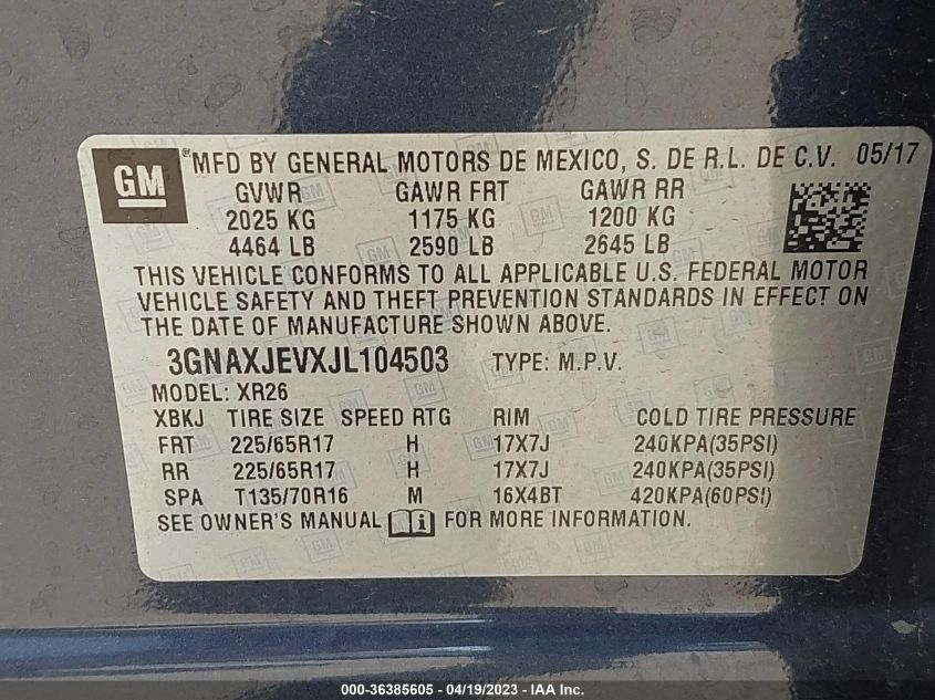 2018 CHEVROLET EQUINOX LT - 3GNAXJEVXJL104503
