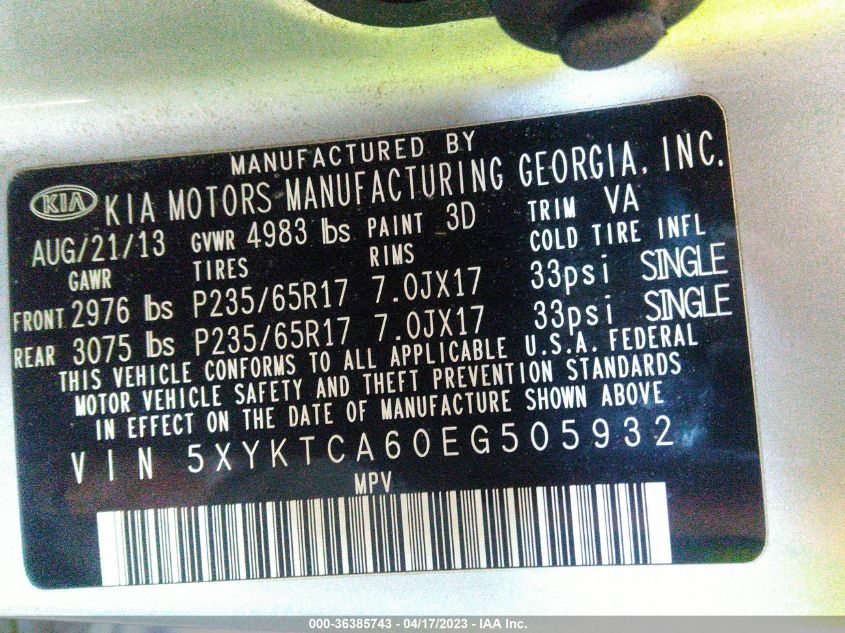 2014 KIA SORENTO LX - 5XYKTCA60EG505932