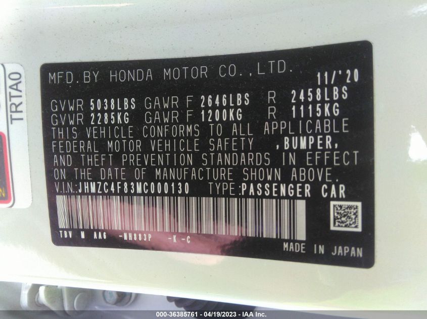 2021 HONDA CLARITY FUEL CELL JHMZC4F83MC000130