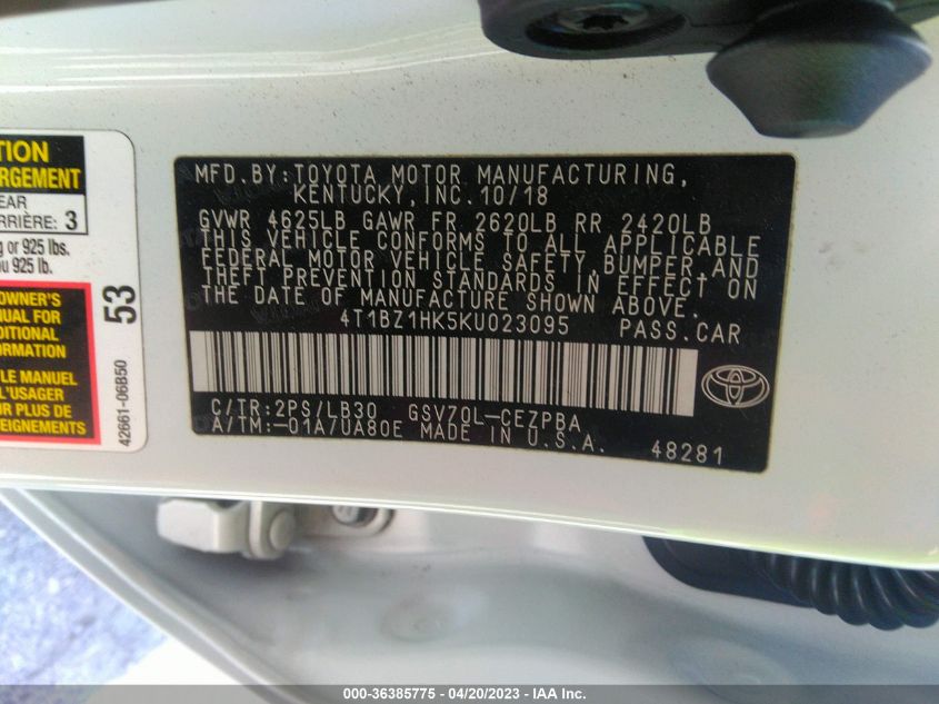 2019 TOYOTA CAMRY V6 - 4T1BZ1HK5KU023095