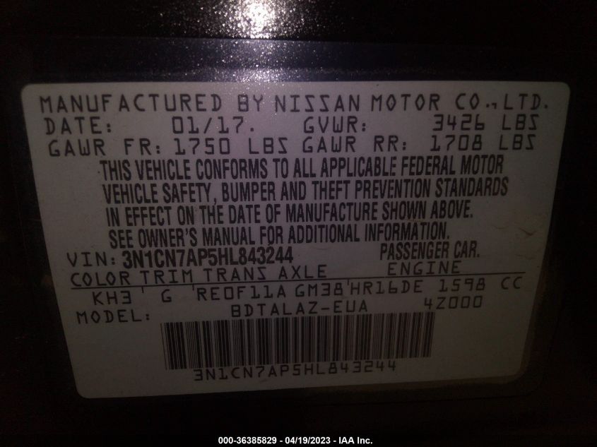 2017 NISSAN VERSA SEDAN S PLUS - 3N1CN7AP5HL843244
