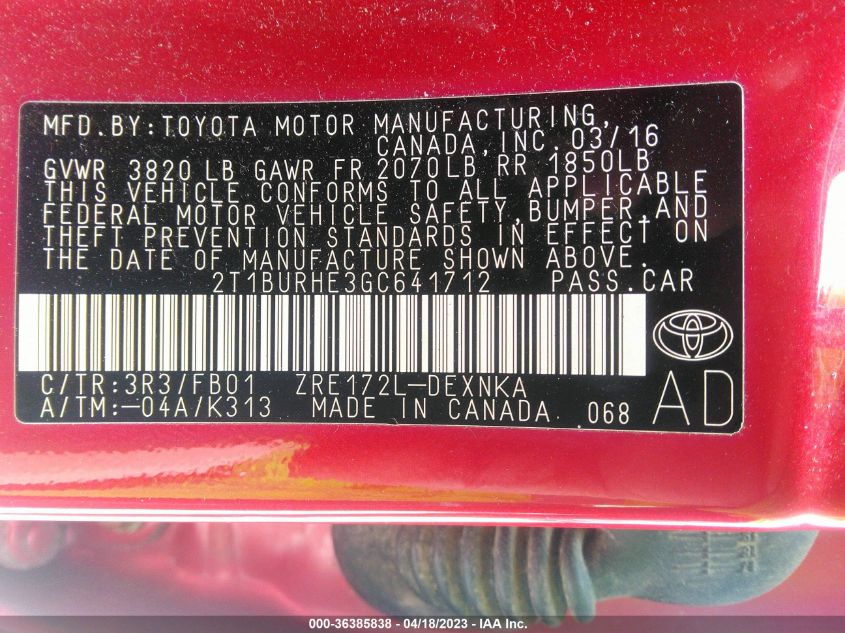 2016 TOYOTA COROLLA L/LE/S/S PLUS/LE PLUS - 2T1BURHE3GC641712