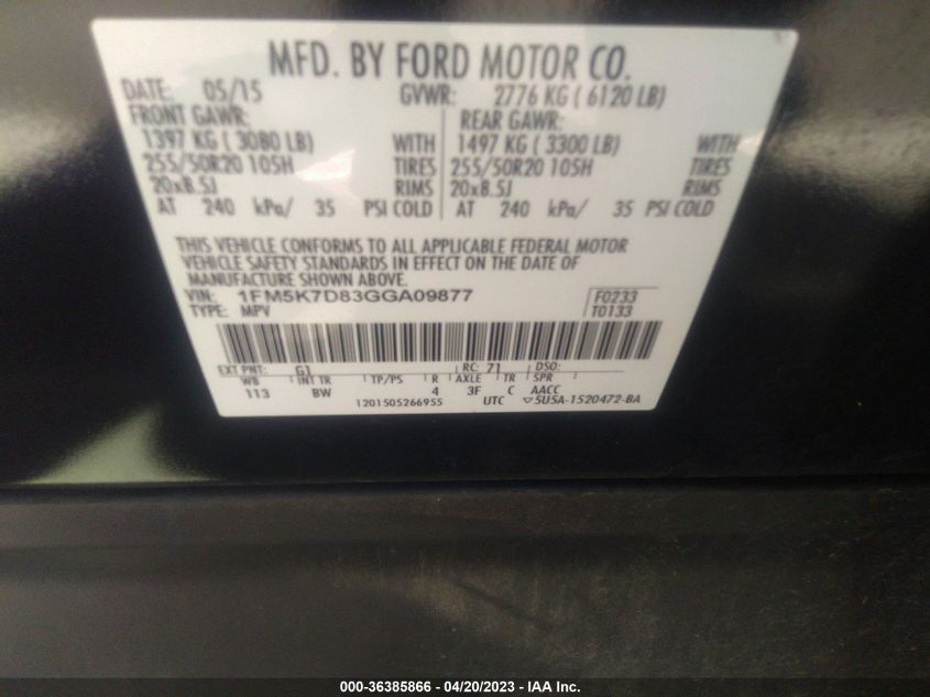 2016 FORD EXPLORER XLT - 1FM5K7D83GGA09877