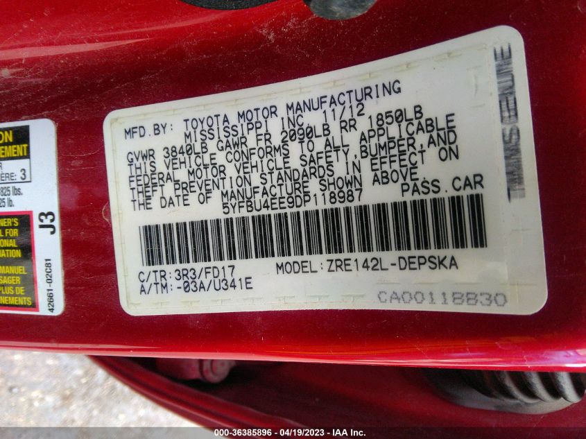 2013 TOYOTA COROLLA L/LE/S - 5YFBU4EE9DP118987