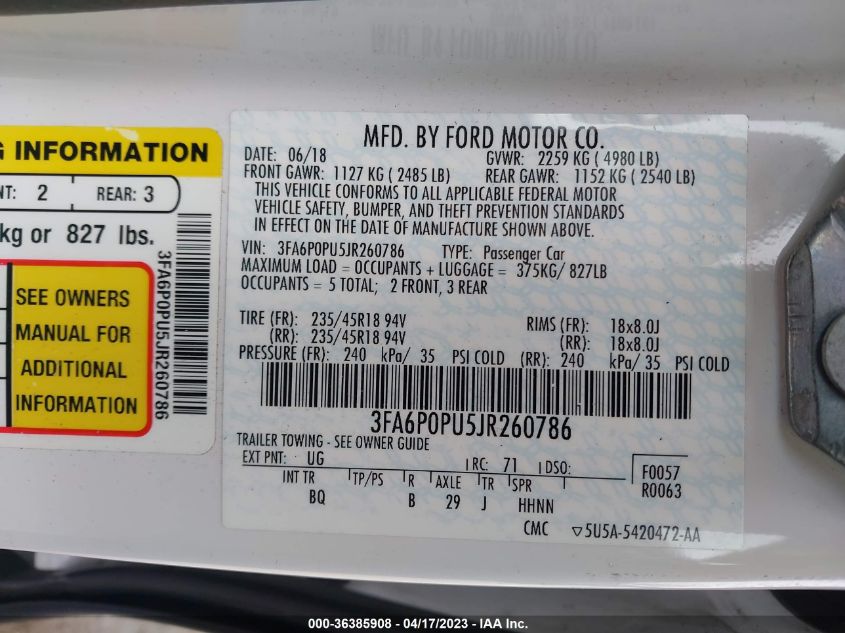 2018 FORD FUSION ENERGI SE 3FA6P0PU5JR260786