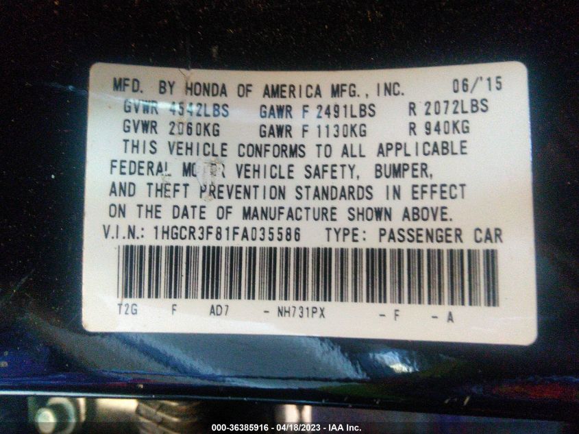 2015 HONDA ACCORD SEDAN EX-L - 1HGCR3F81FA035586