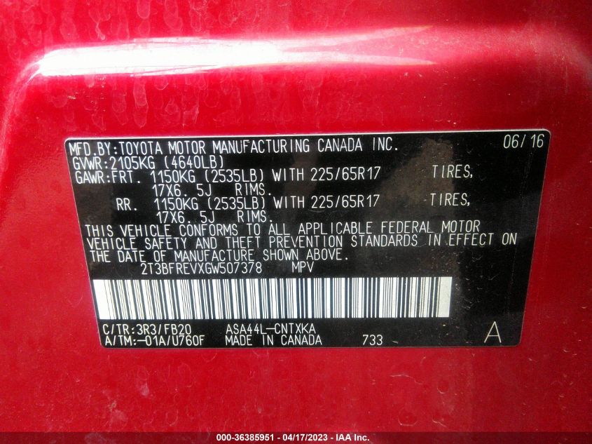 2016 TOYOTA RAV4 LE - 2T3BFREVXGW507378