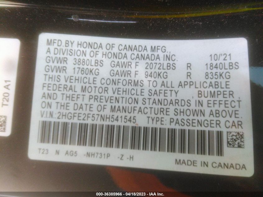 2022 HONDA CIVIC SEDAN SPORT - 2HGFE2F57NH541545