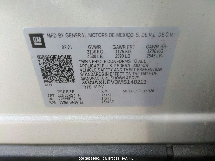 2021 CHEVROLET EQUINOX LT - 3GNAXUEV3MS148211
