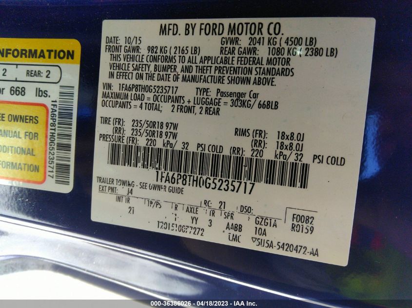 2016 FORD MUSTANG ECOBOOST - 1FA6P8TH0G5235717